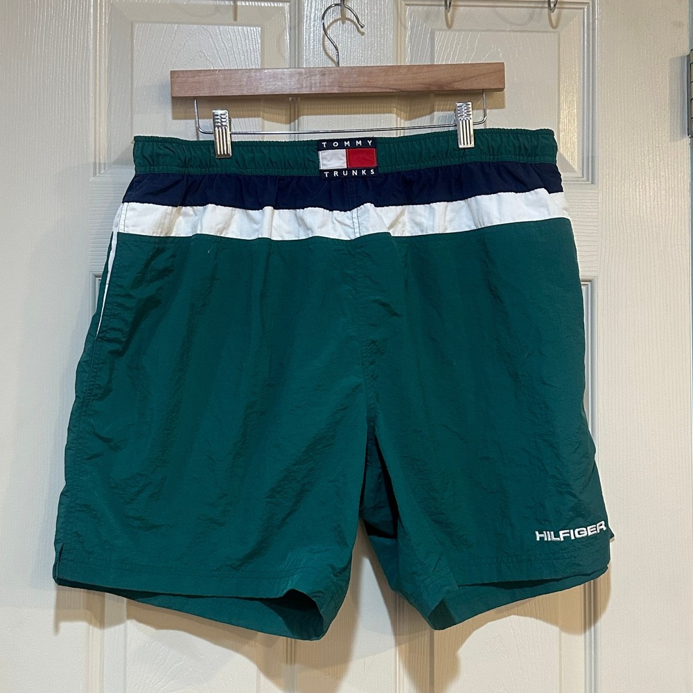 Tommy Hilfiger Vintage Colorblock Swim Trunks Green Navy White Mens XL
